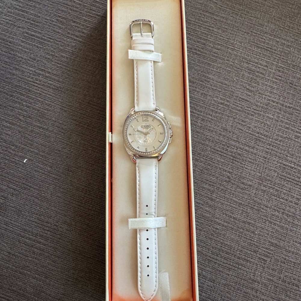 Coach White Leather Strap Women's Watch with Crystal Accents